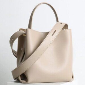 Baginning Genuine Leather Minimalist Bucket Bag Beige Top Handle Crossbody NWOT
